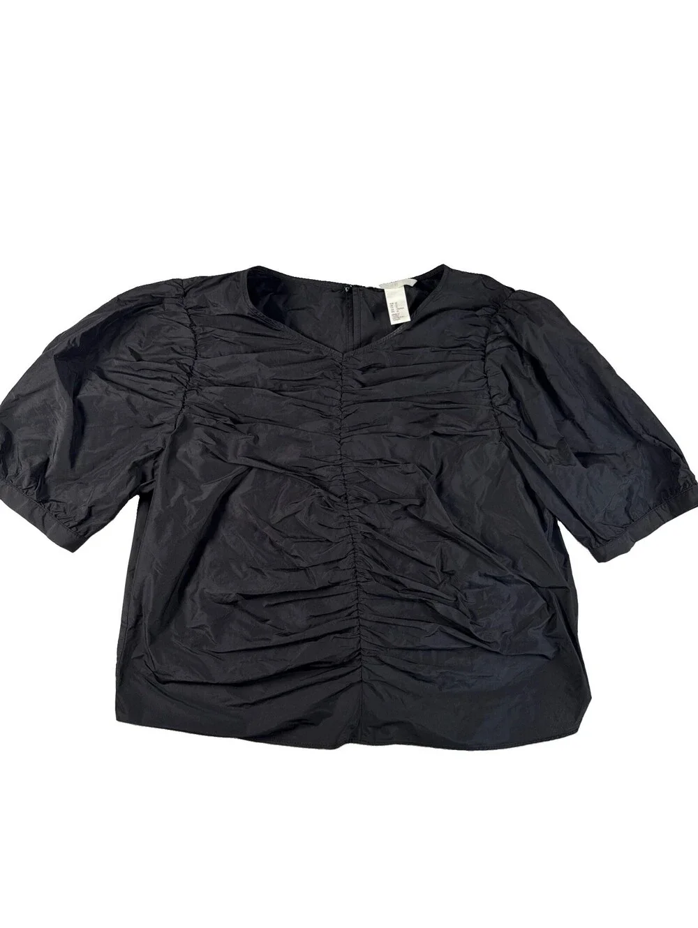H&M Black Ruched Puff Sleeve Blouse Women's Size 12 Pre Owned